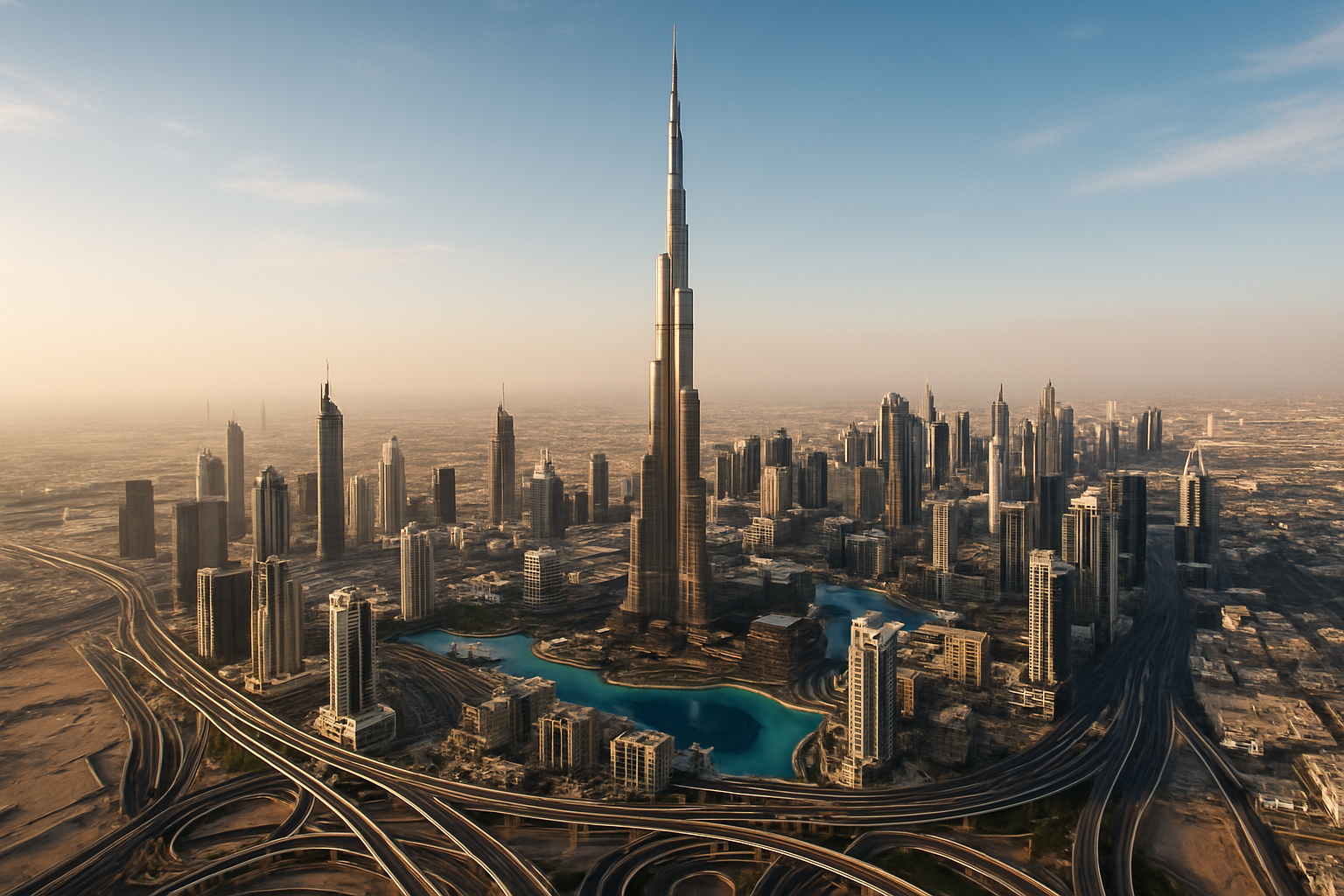 Aerial view of the Burj Khalifa and Dubai skyline
