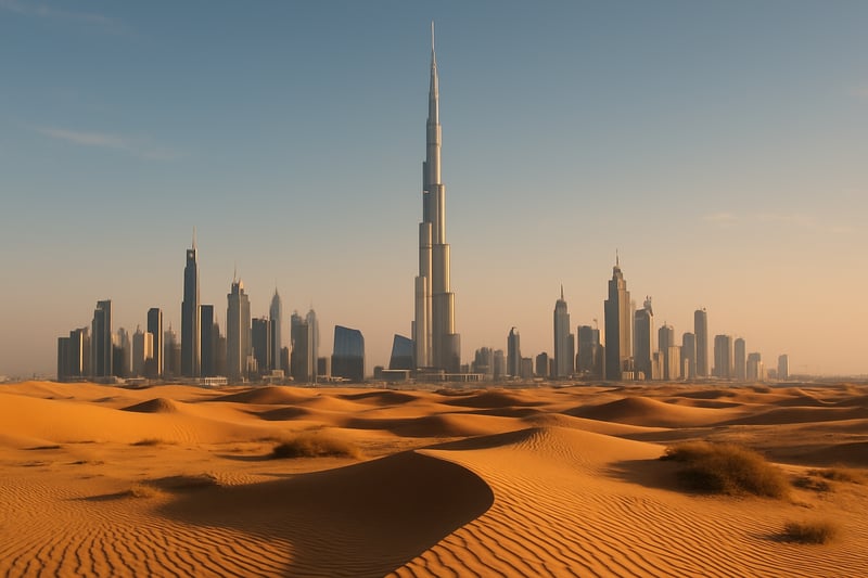 Dubai skyline with iconic Burj Khalifa and desert landscape