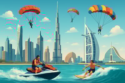 Dubai skyline with iconic landmarks and adventure activities