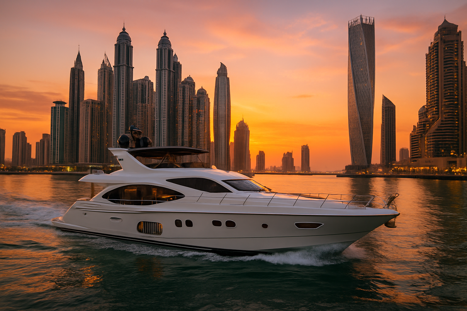 Luxury yacht cruising along Dubai Marina at sunset